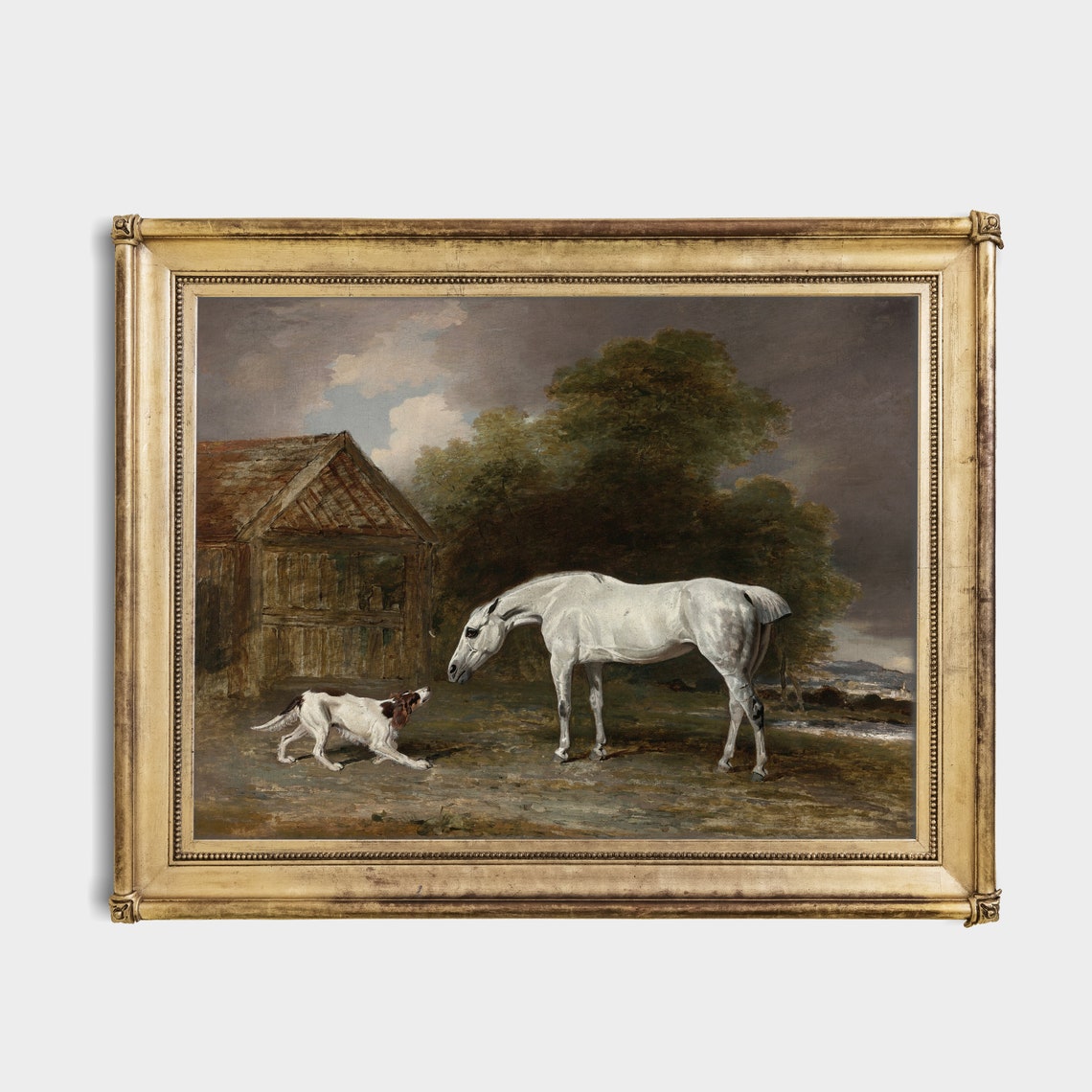 White Horse and Spaniel Dog Before a Rustic Wooden Stable Poster - Image 3