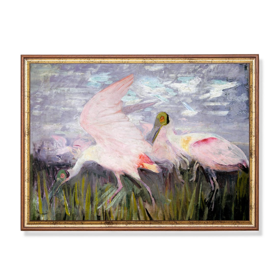 Two Roseate Spoonbills Wading in Marsh Grass Wildlife Poster