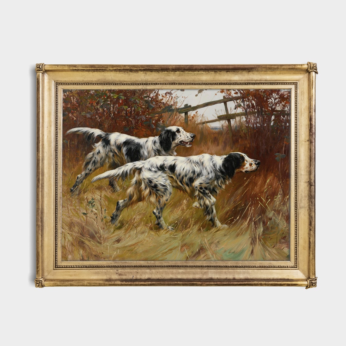 Atmospheric Two English Setter Dogs Hunting in a Field Poster - Image 2