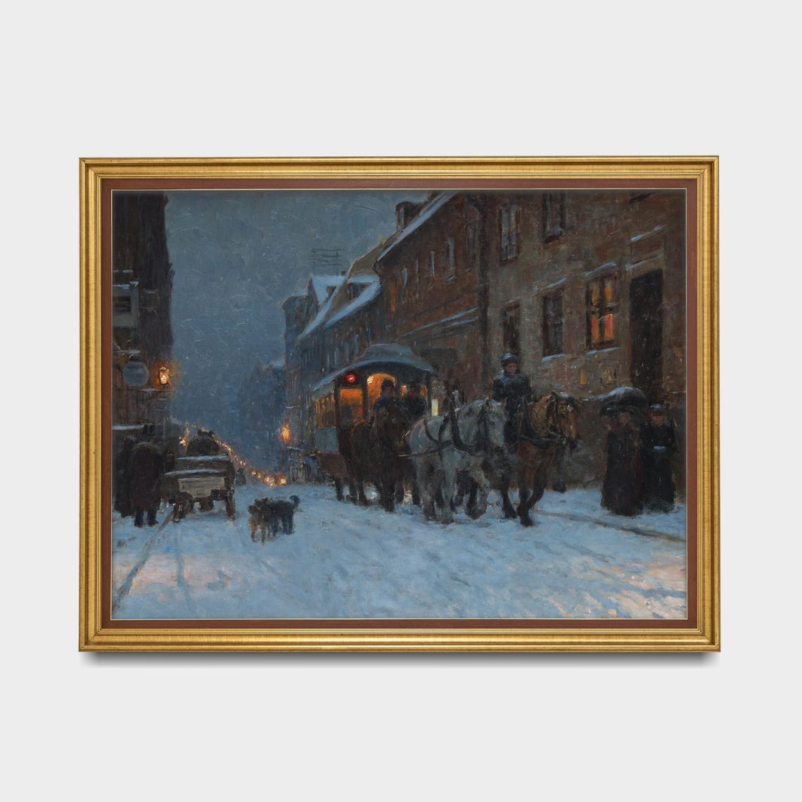 Antique Snowy Night Street With Horse Tram Painting Wall Poster - Image 5