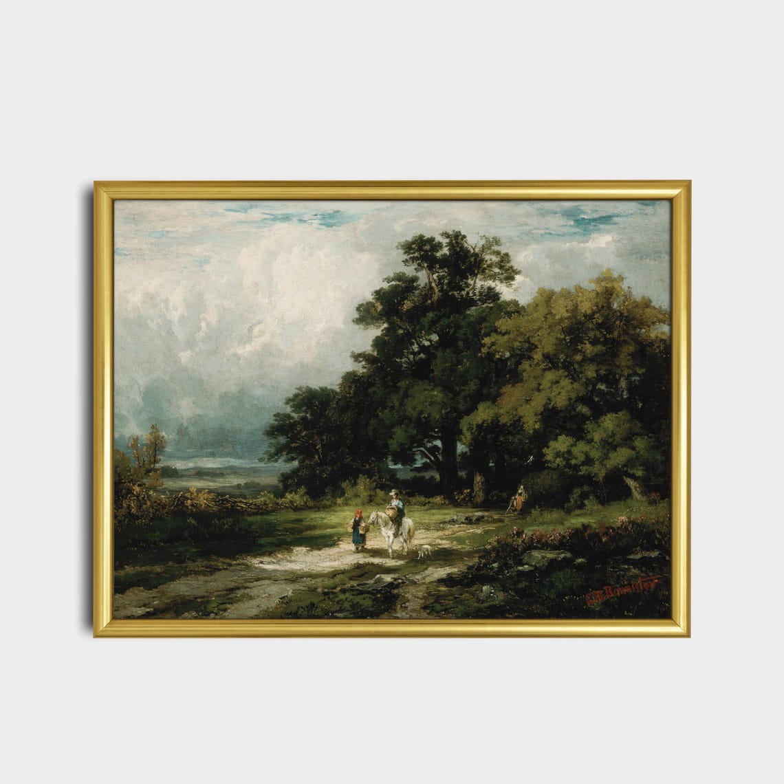 Rider on White Horse on Forest Path Antique Landscape Poster - Image 2