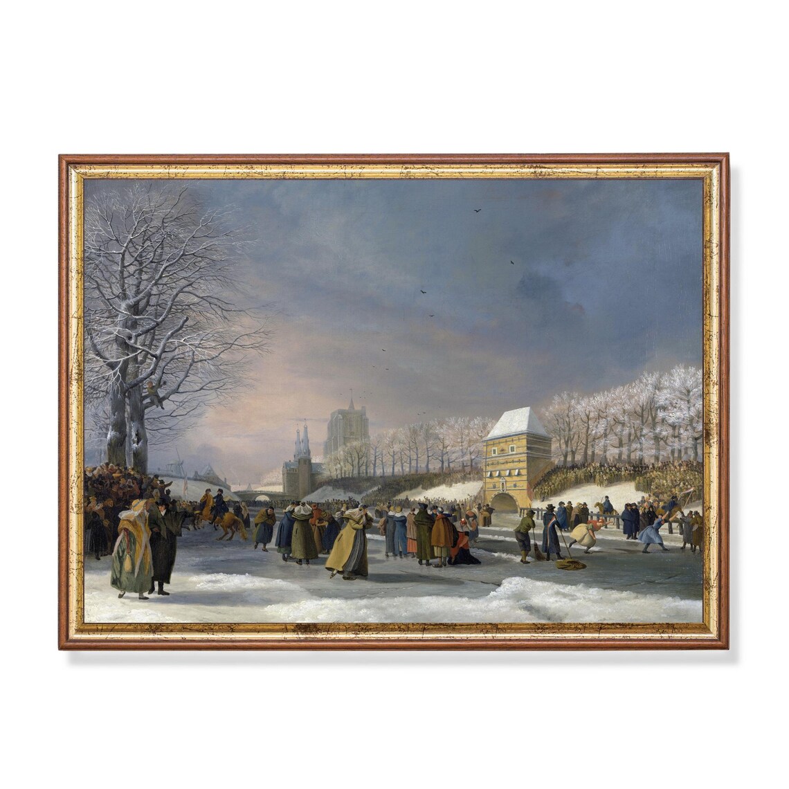 Antique Dutch Skaters On Frozen River Winter Painting Poster