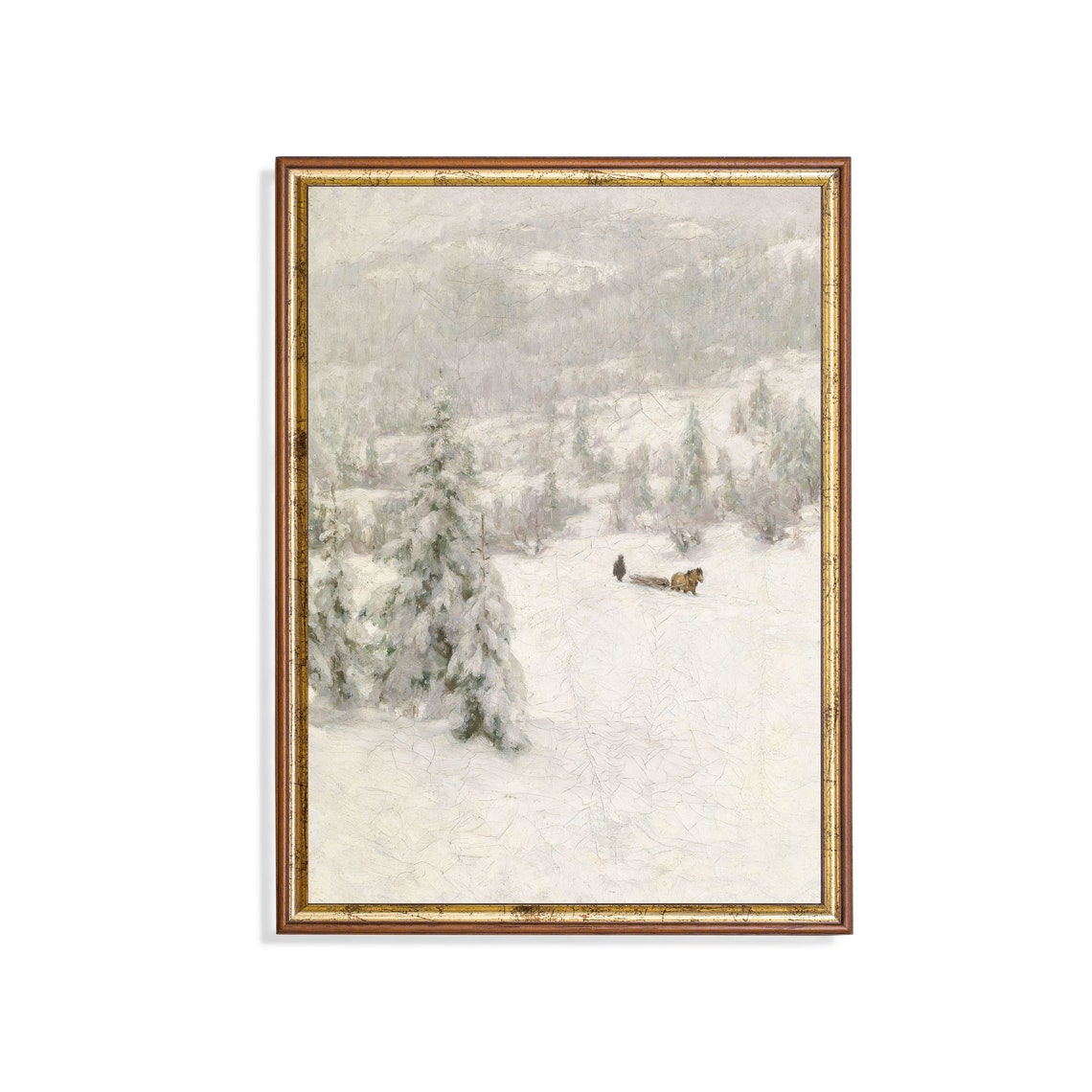 Horse Drawn Sled Crossing Snowy Pine Forest Vintage Winter Poster