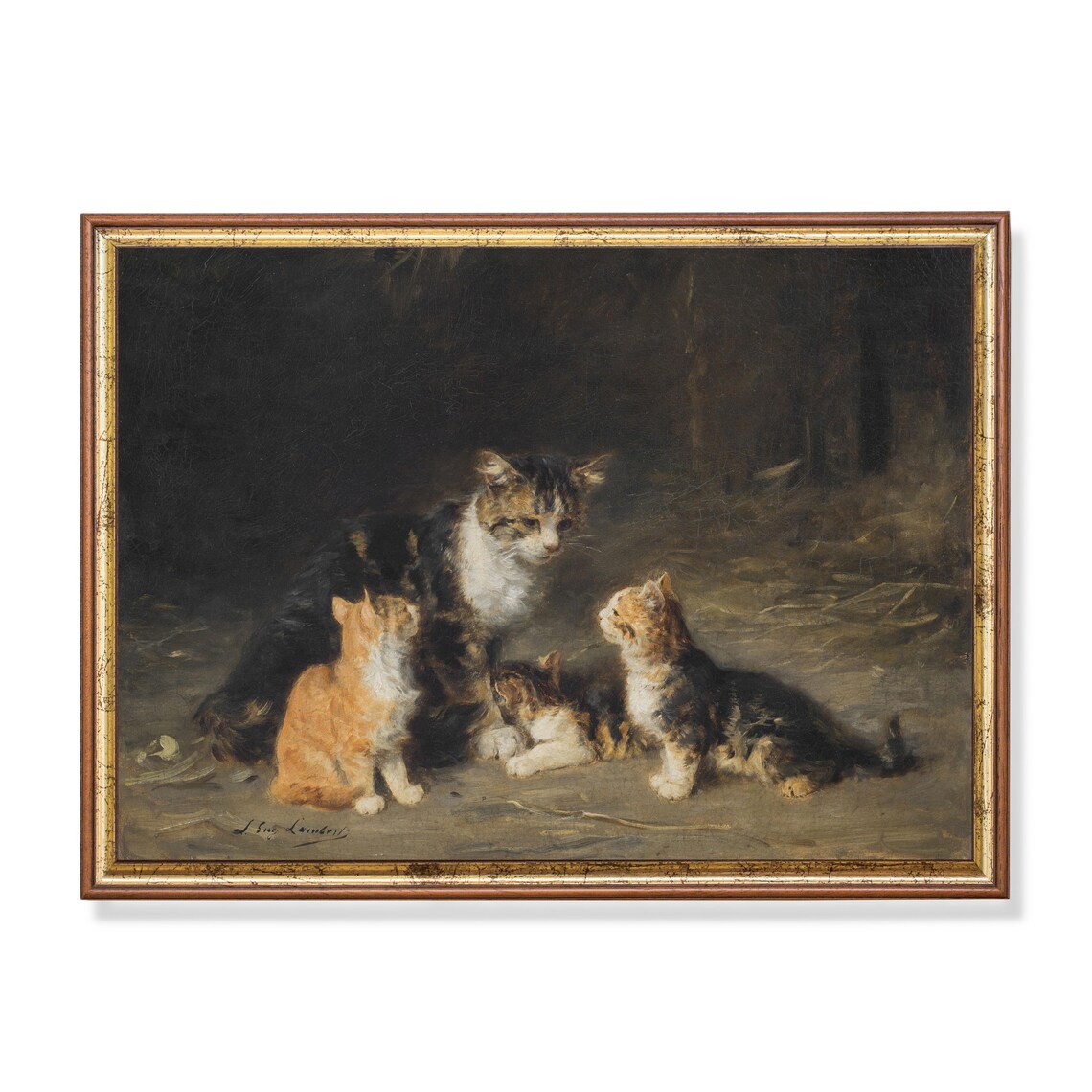 Vintage Cats and Kitten Animal Art Print, Rustic