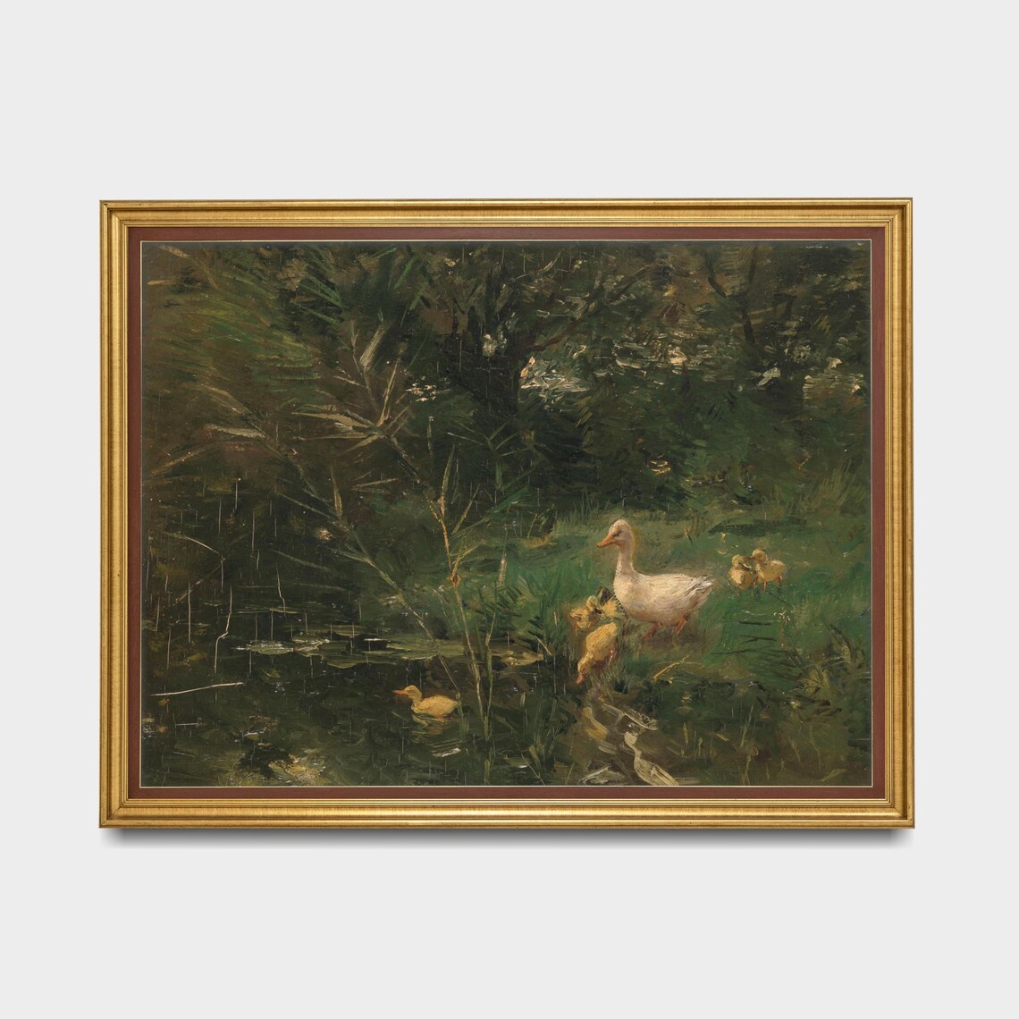 Charming White Duck with Ducklings by a Woodland Pond Vintage Poster - Image 5