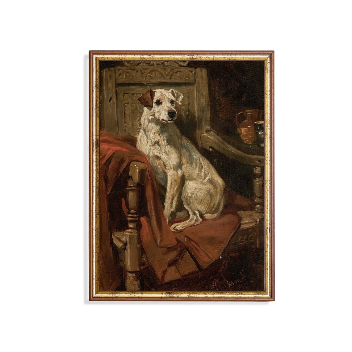 White Terrier Sitting On Carved Wooden Chair Vintage Dog Poster