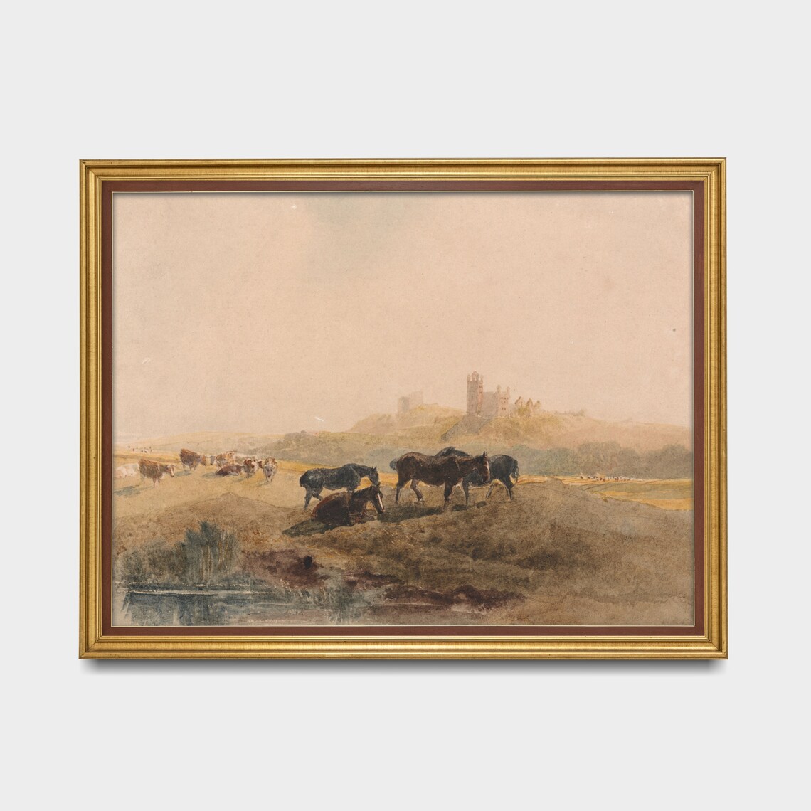 Horses Resting in a Meadow Below a Castle Ruin Antique Poster - Image 3