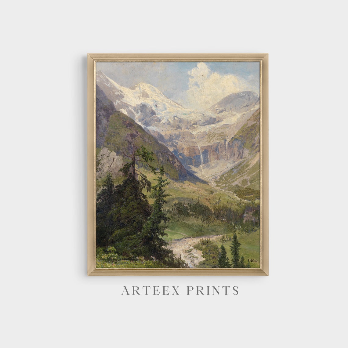 Snow-Capped Alpine Valley with Waterfall Vintage Mountain Poster - Image 5