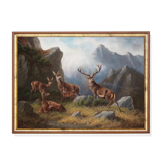 Deer Herd with a Stag in an Alpine Mountain Valley Scene Poster