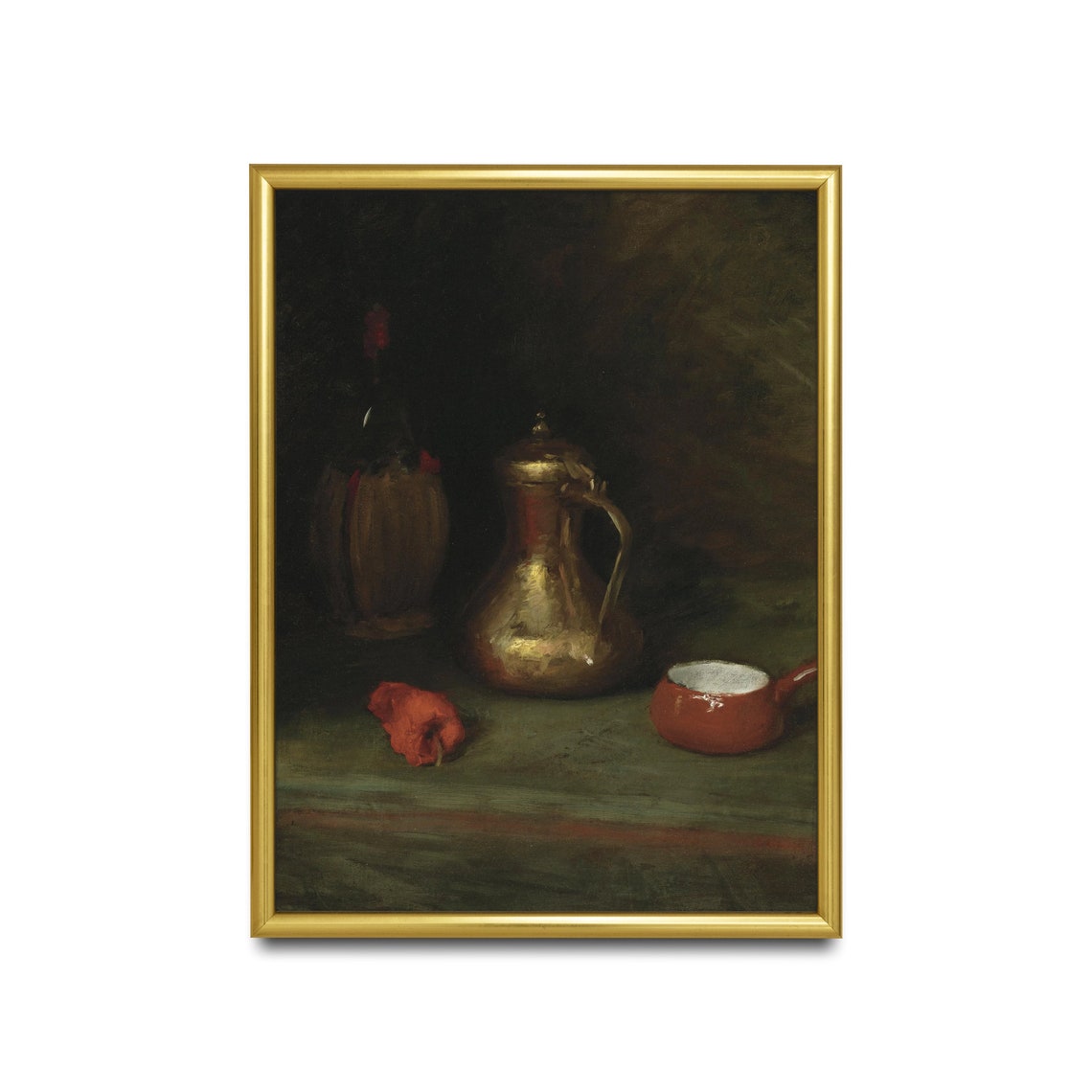 Copper Ewer and Red Bowl in a Dark Still Life Kitchen Painting Poster - Image 4