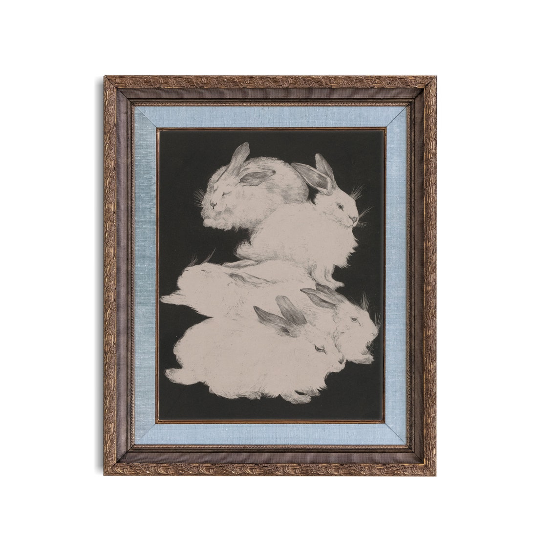 Snowy White Rabbits Huddled Together on a Black Background Poster - Image 3