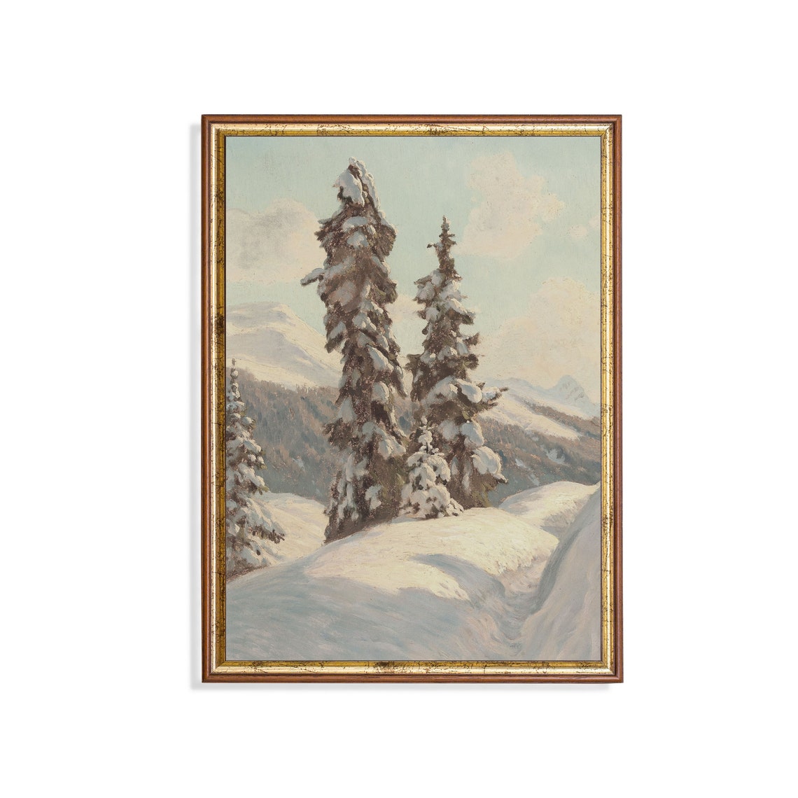 Printed And Shipped Pine Trees Painting Vintage Wall Art Winter Snowy Landscape Vertical Fine Art Antique Rustic Forest