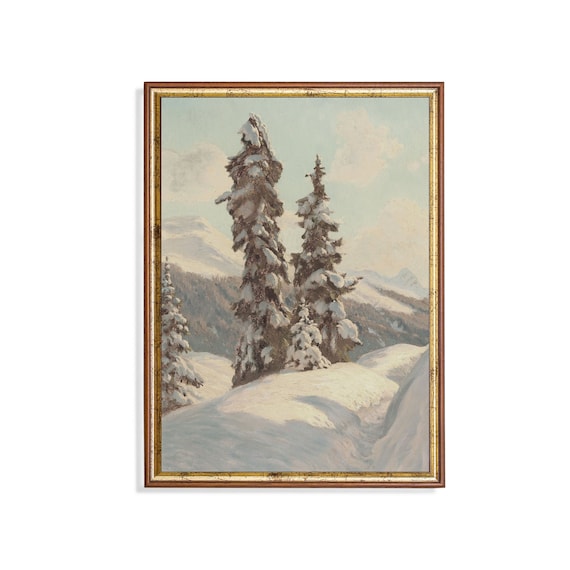 Printed And Shipped Pine Trees Painting Vintage Wall Art Winter Snowy Landscape Vertical Fine Art Antique Rustic Forest
