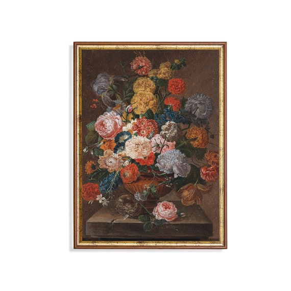 Still Life Painting Vintage Flower Print Rustic Moody Oil Painting Art French Wall Decor Floral Art