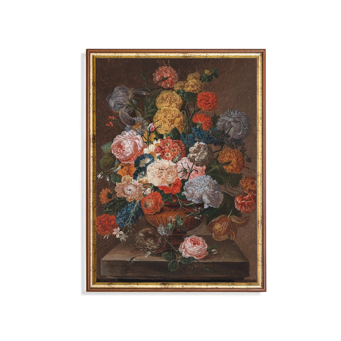 Colorful Peony and Rose Bouquet With Birds Nest Floral Poster
