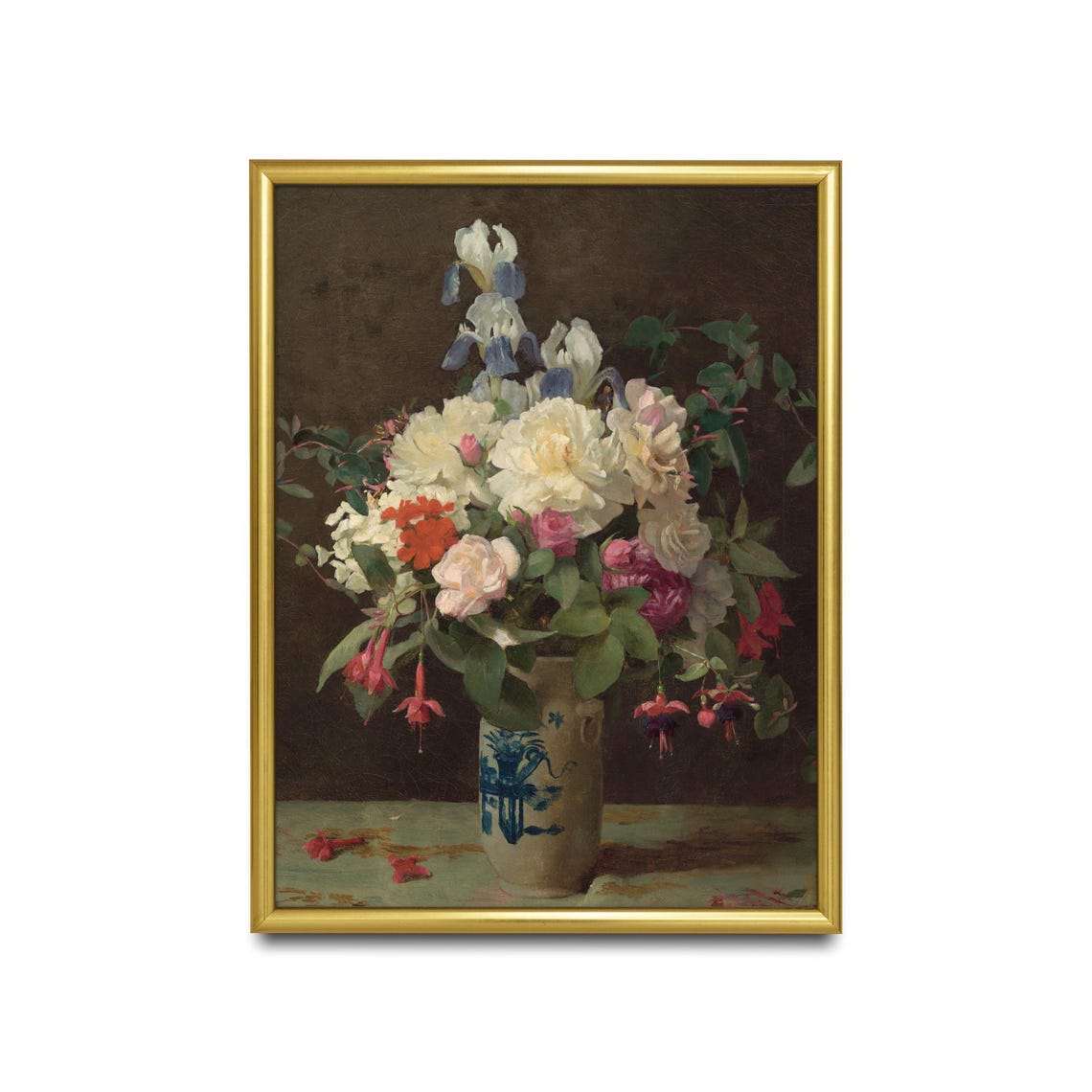 Bouquet of Roses and Irises in a Delft Vase Still Life Poster - Image 2