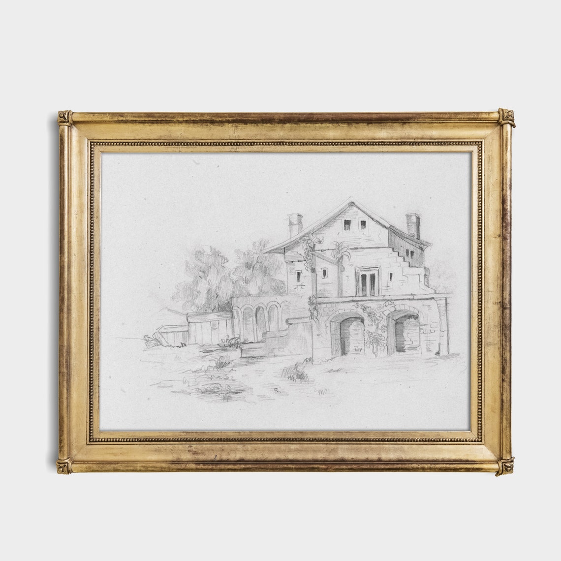 Old Stone Villa Pencil Sketch Vintage Architectural Drawing Poster - Image 2