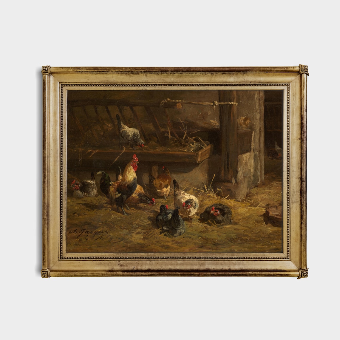 Rooster and Hens in Barnyard Vintage Farm Animal Painting Poster - Image 4