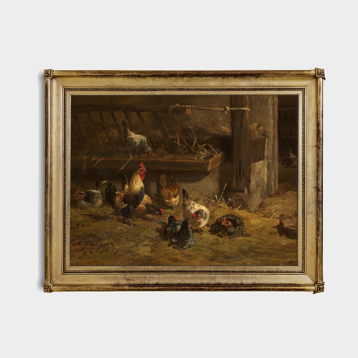 Rooster and Hens in Rustic Barnyard Vintage Farm Painting Poster - Image 2