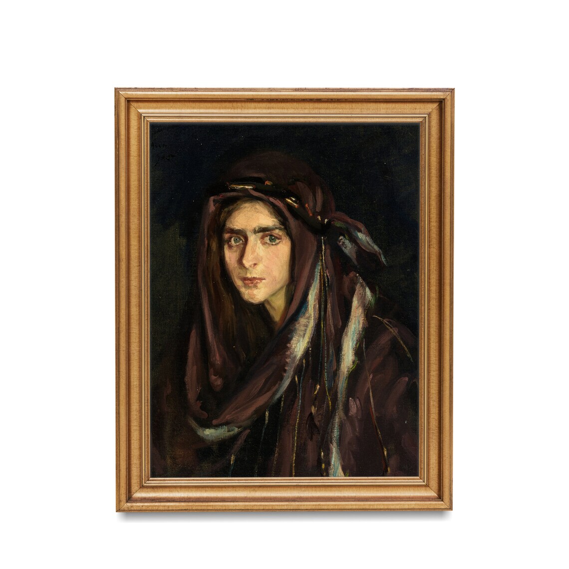 Young Woman in Burgundy Headscarf Dark Romantic Portrait Oil Poster - Image 2