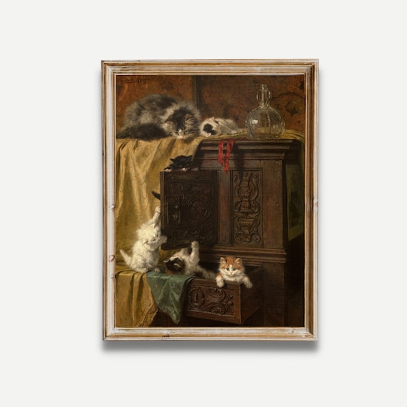 Playful Kittens Climbing an Antique Cabinet Vintage Cat Painting Poster