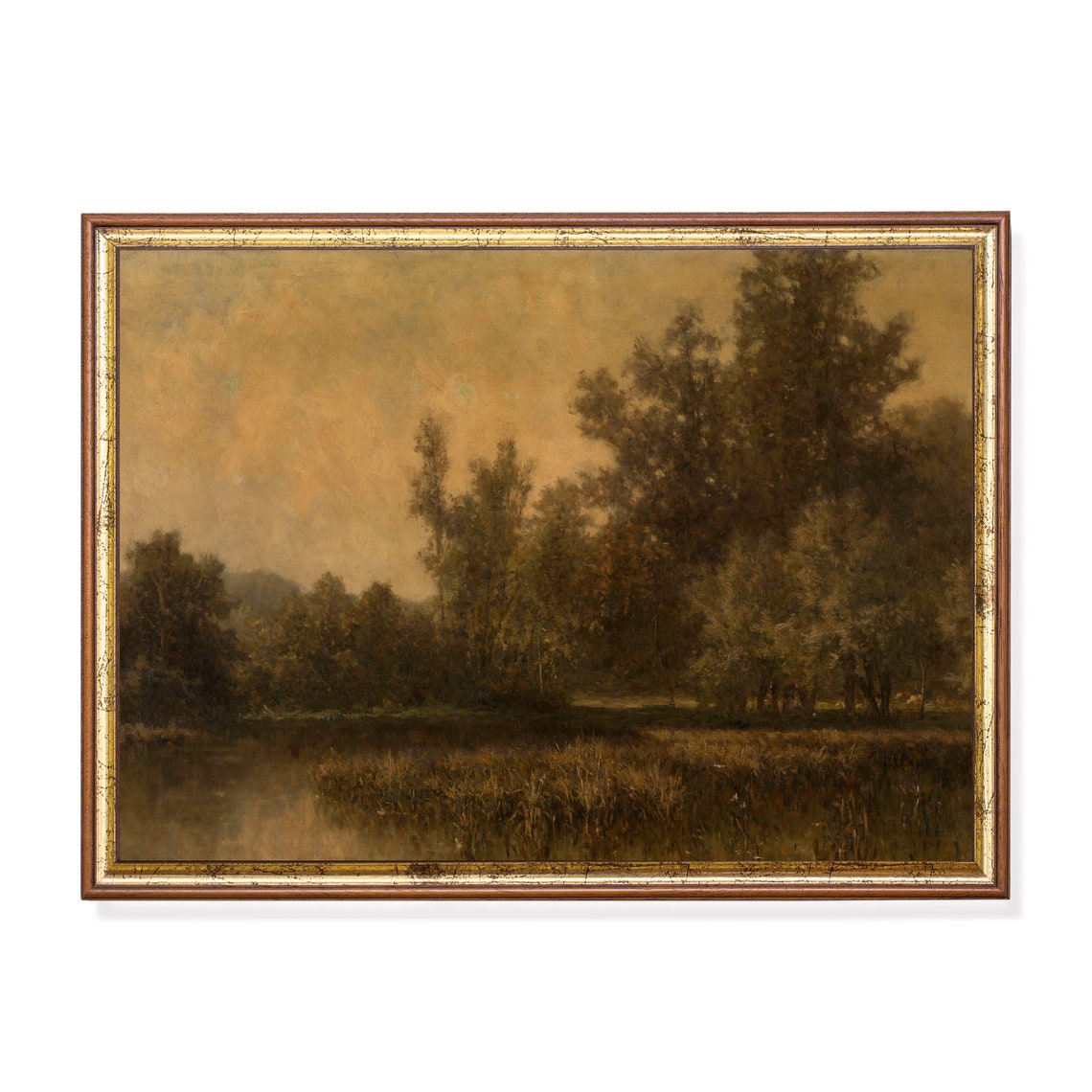 Golden Marsh at Dusk With Reeds and Still Water Moody Landscape Poster