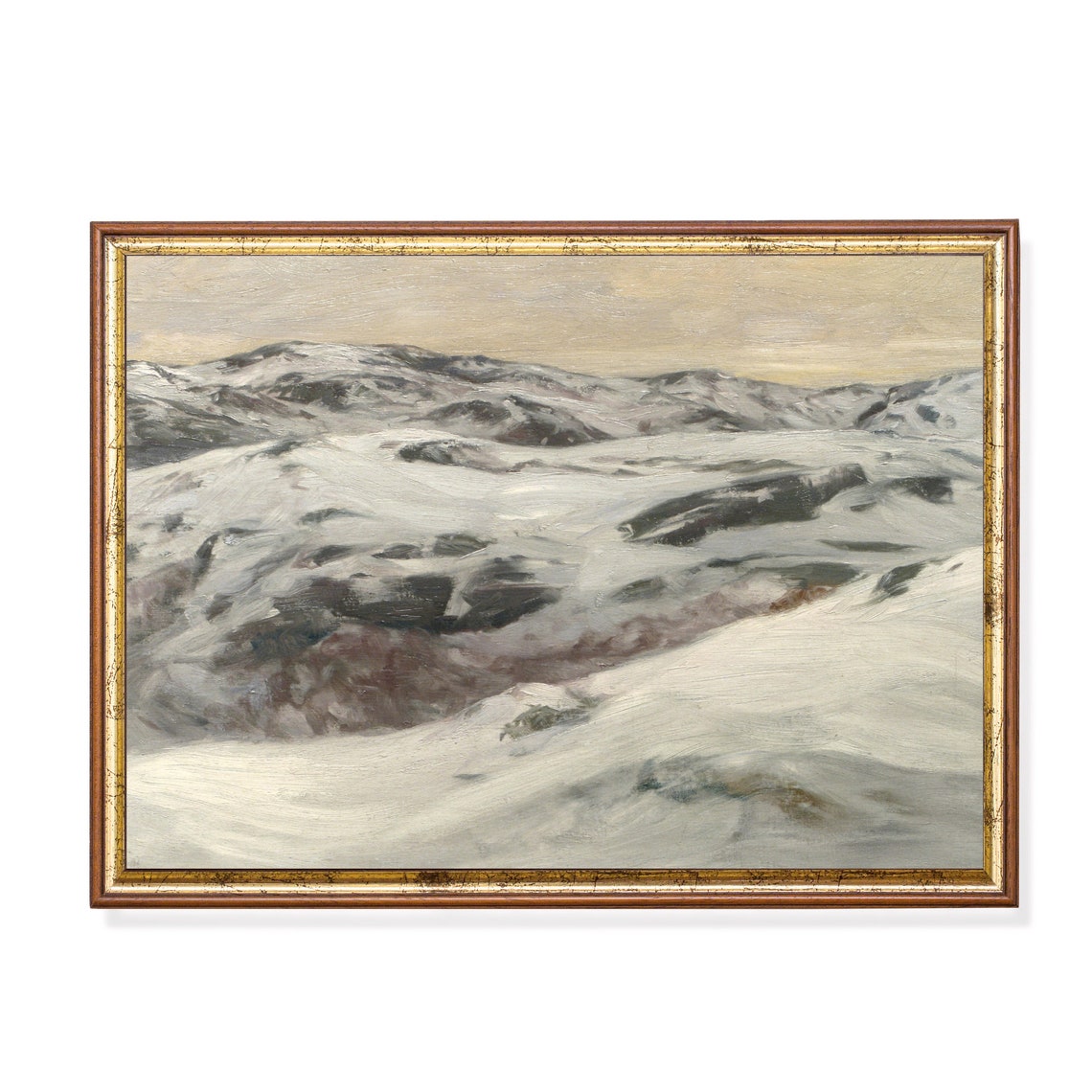 Snowy Mountain Ridge Under Pale Sky Vintage Winter Landscape Poster