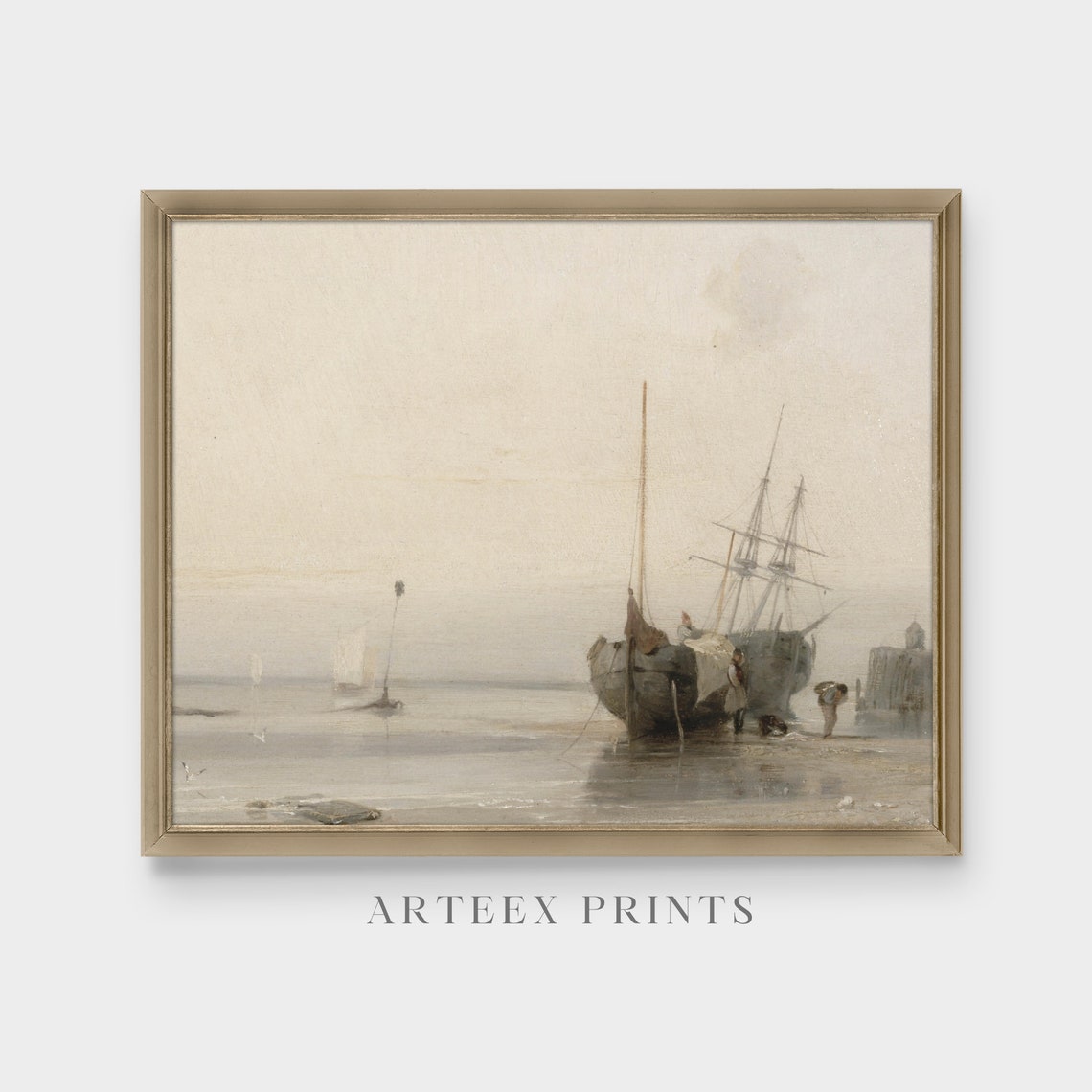 Beached Sailing Ships at a Misty Shoreline Antique Oil Poster - Image 4