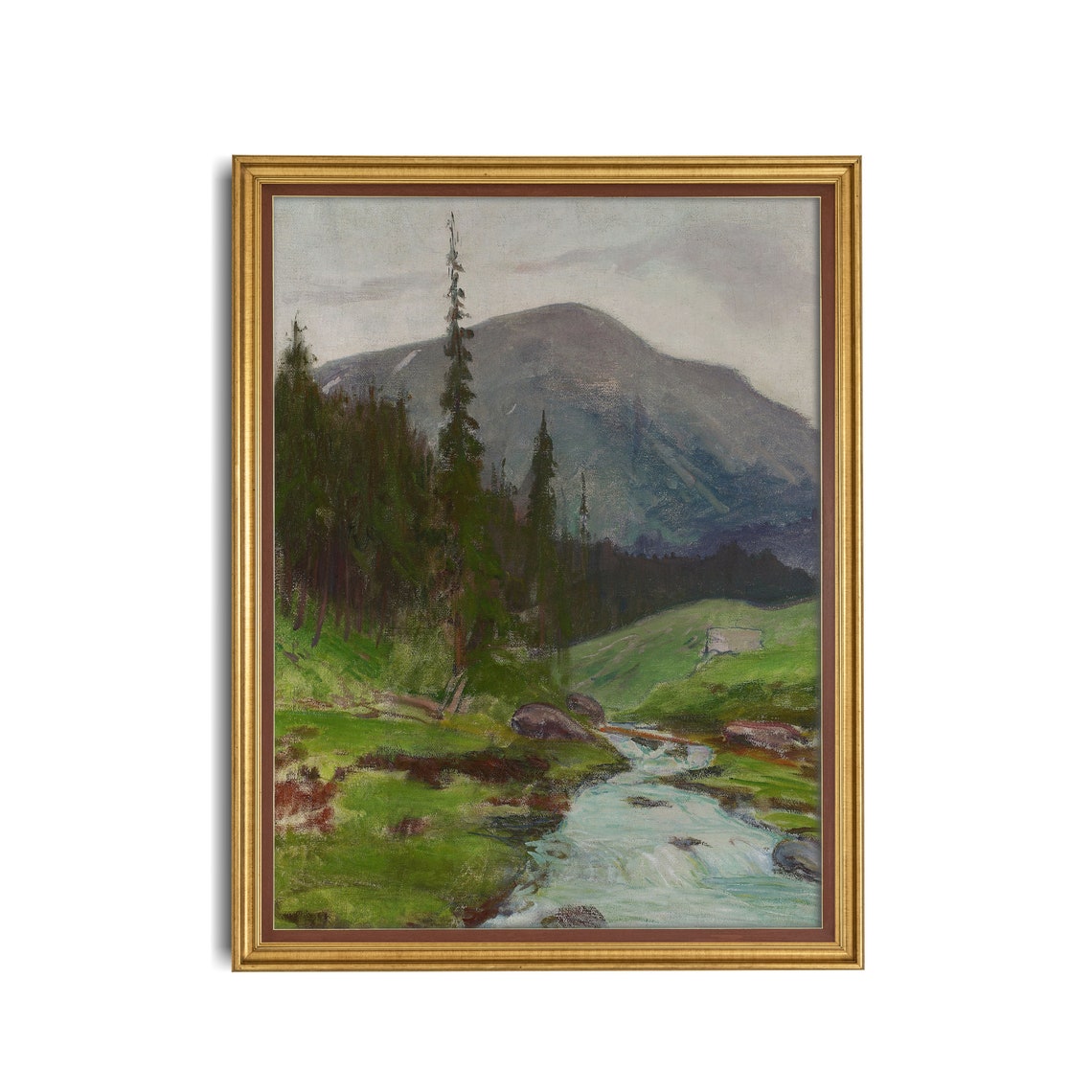 Mountain Stream Through Pines Antique Vertical Alpine Painting Poster - Image 3