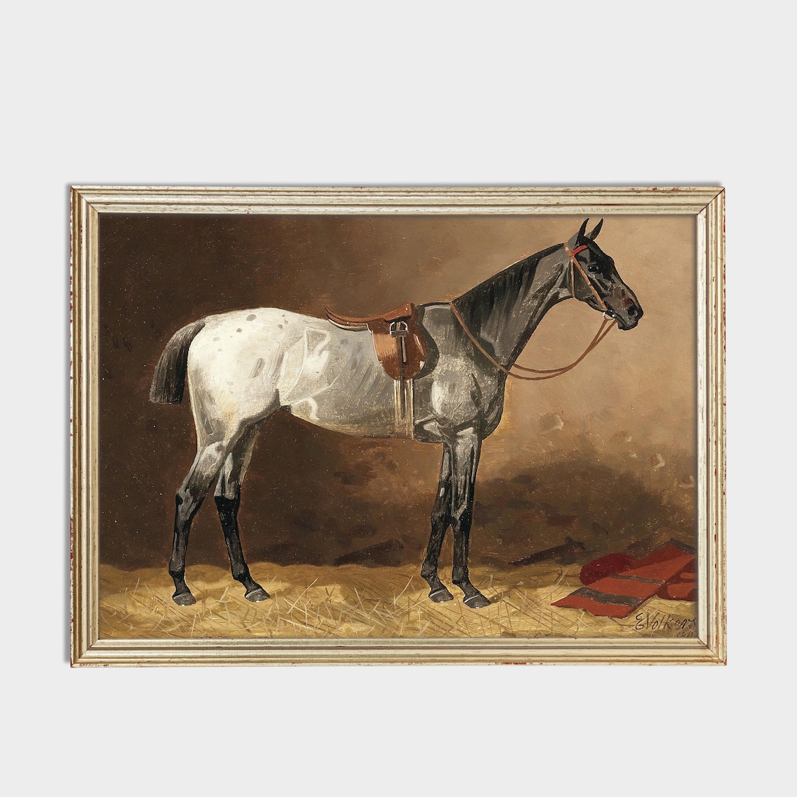 Vintage Saddled Gray Horse in Stable Equestrian Painting Poster - Image 2