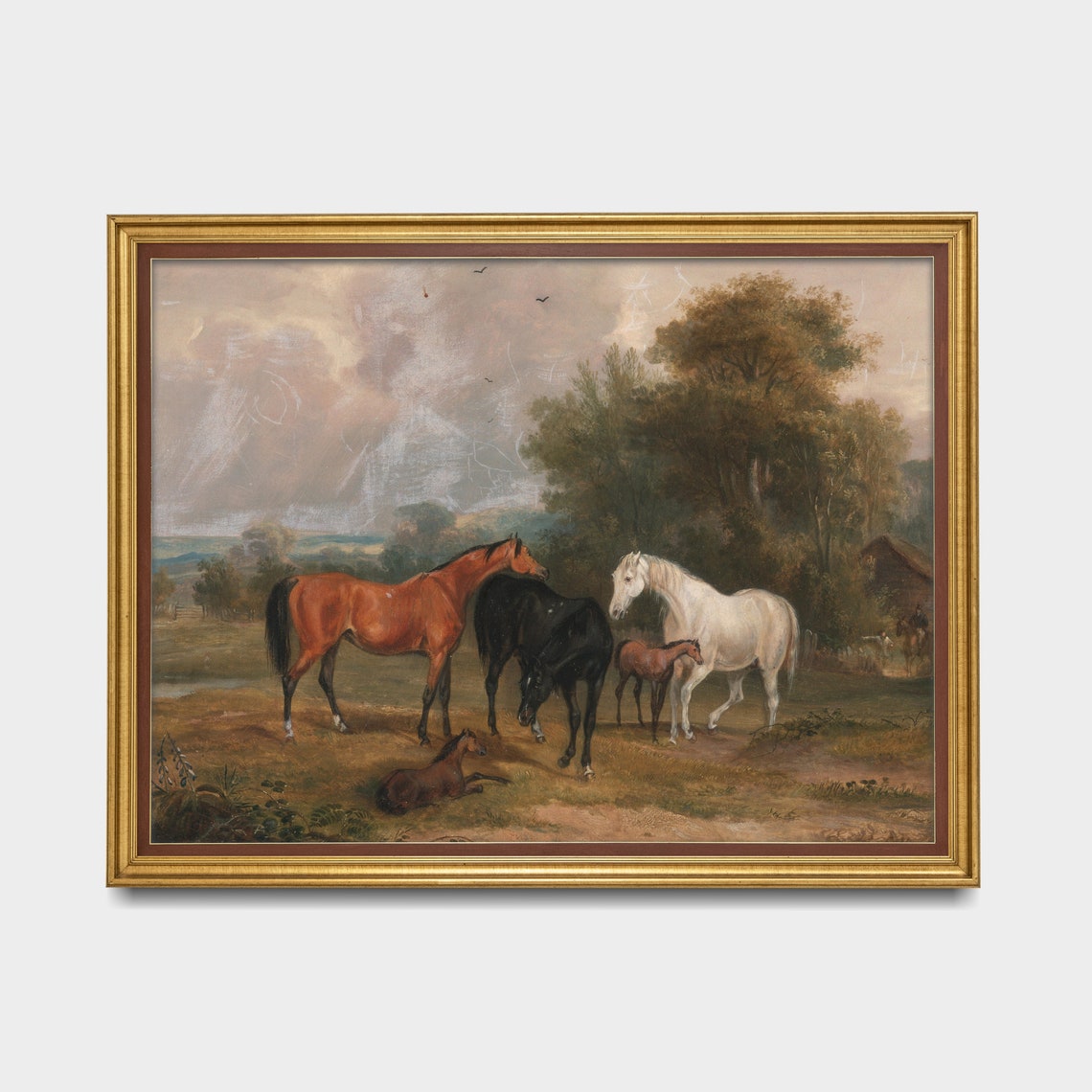 Bay Black and White Horses with Foals in Pasture Landscape Poster - Image 3