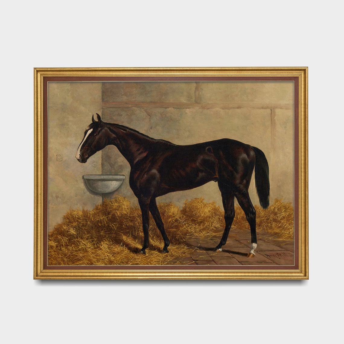 Dark Bay Racehorse in a Straw-Filled Stable Equestrian Poster - Image 3