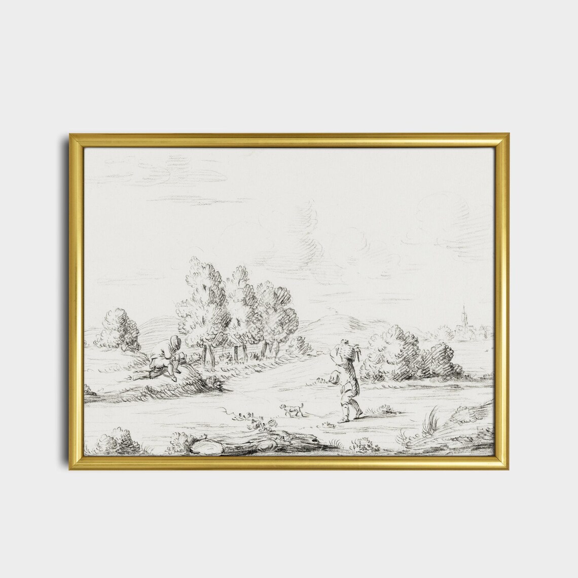 Antique Pastoral Countryside Sketch With Figures Church Spire Poster - Image 2