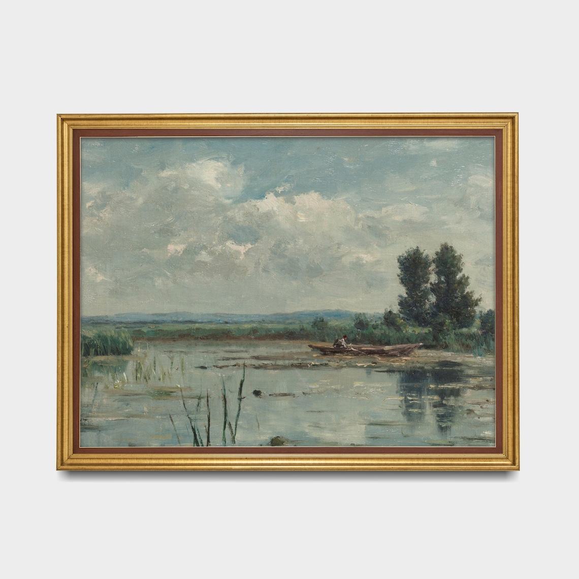 Fisherman in Canoe Wide Marsh Tall Poplars Vintage Landscape Poster - Image 5