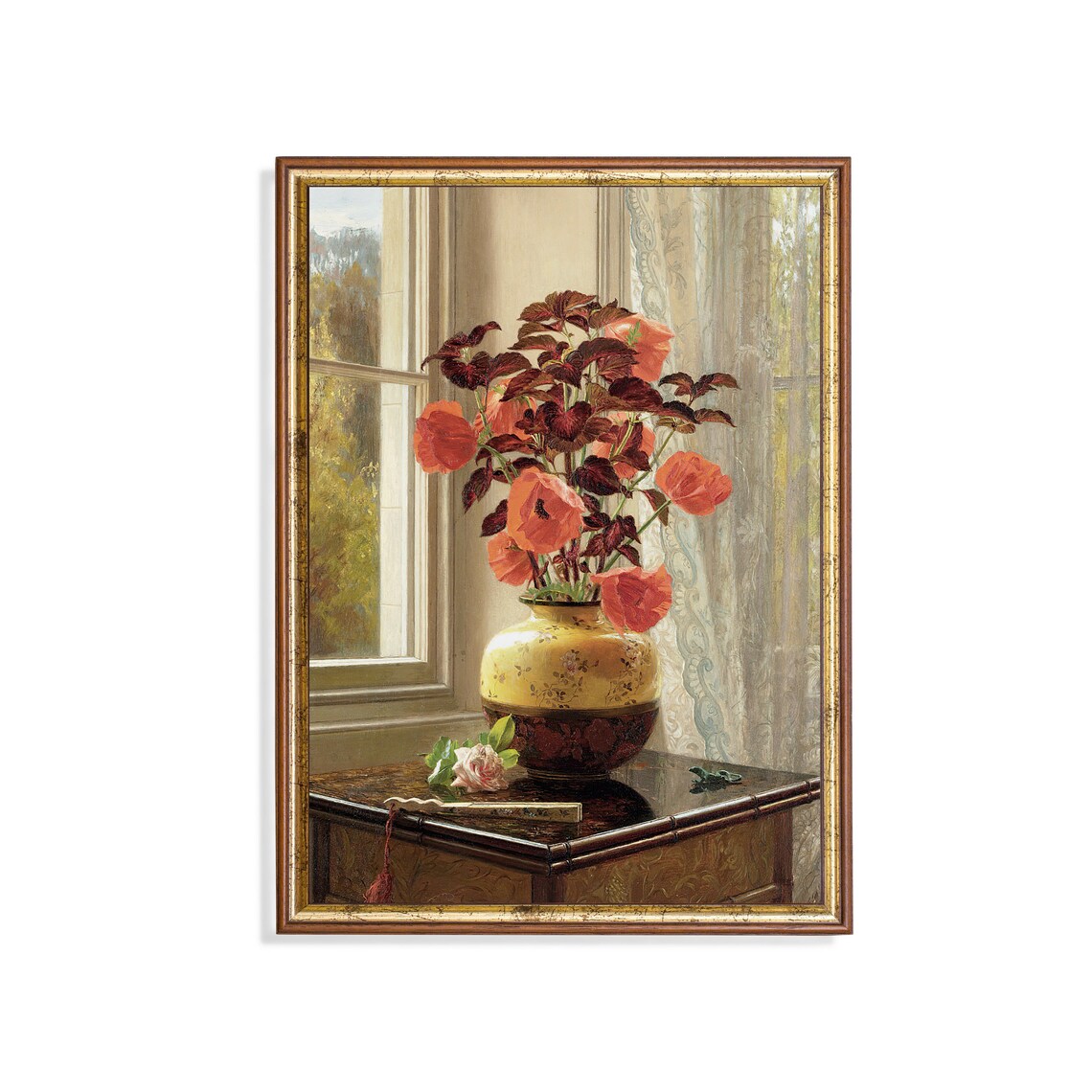 Red Poppies in a Yellow Vase by a Sunlit Window Vintage Poster