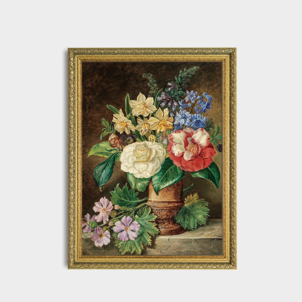 Camellias Daffodils and Bluebells in a Vase Still Life Poster - Image 2