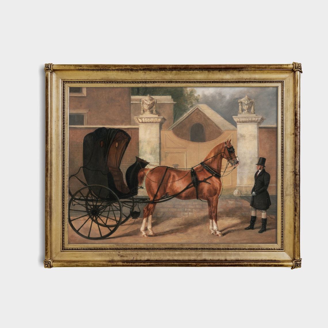 Chestnut Horse Hitched to Carriage at Grand Estate Gates Poster - Image 3
