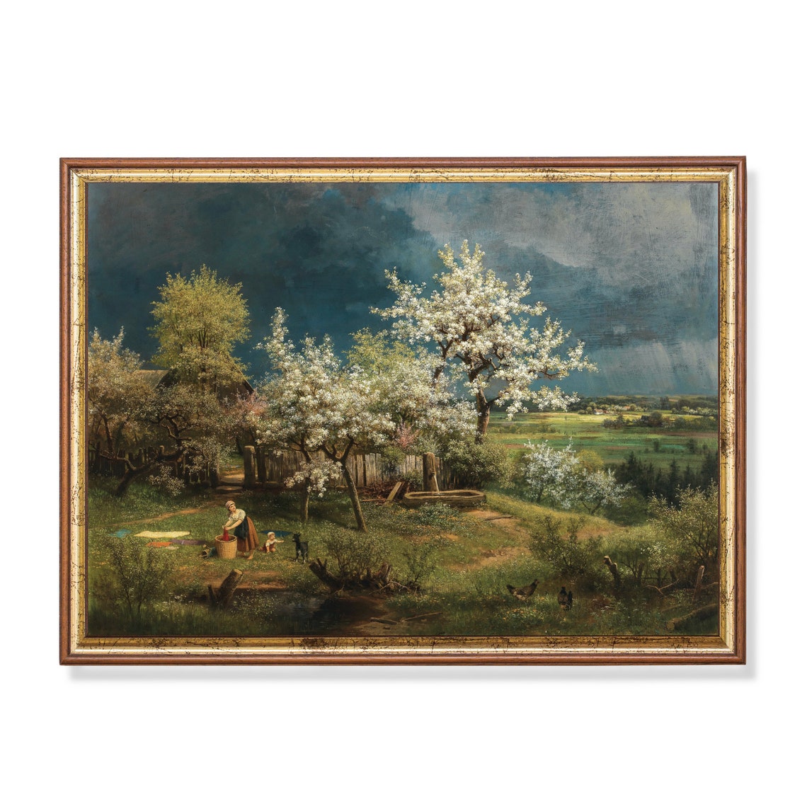 Spring Farmyard Blossoming Trees Vintage Country Scene Painting Poster