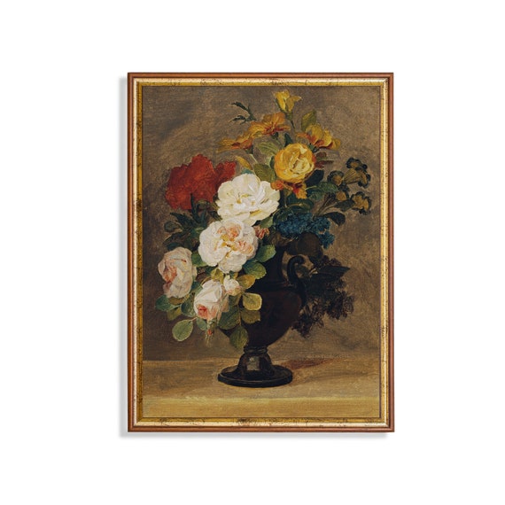 Vintage Still Life With Flowers Antique Floral Painting Bouquet Of Flowers In Vase Moody Rustic Wall Art