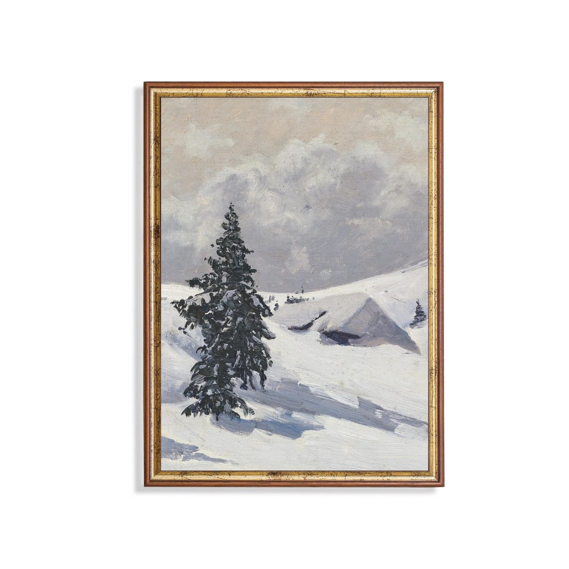 Lone Snowy Pine on a Winter Hillside Vertical Vintage Poster