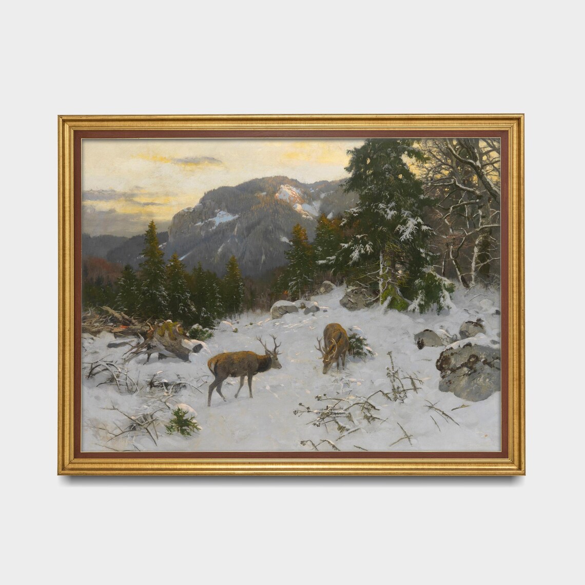 Two Stags in a Snowy Mountain Forest Vintage Winter Wildlife Poster - Image 5