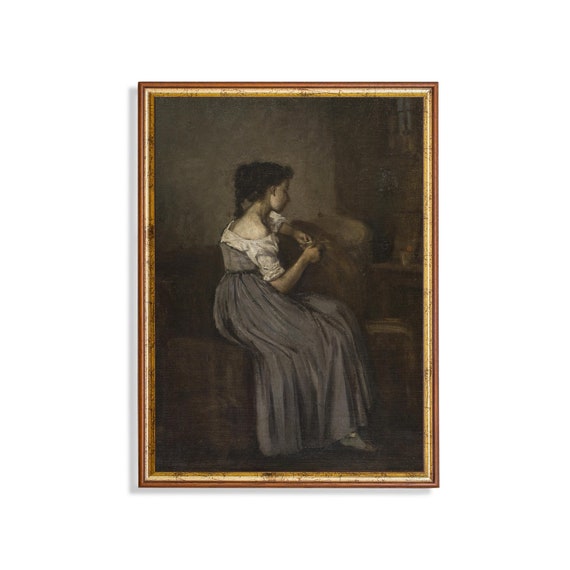 Vintage Portrait Painting Antique Woman Portrait Moody Rustic Print Wall Art Oil Painting Fine Art