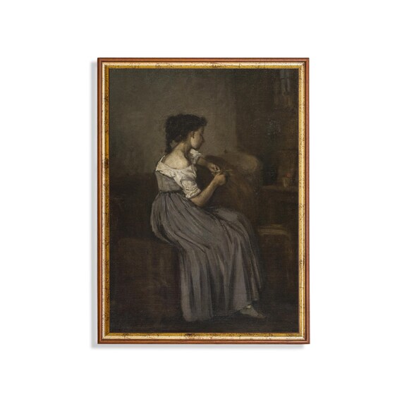 Young Woman Sewing in a Dark Interior Antique Genre Portrait Poster
