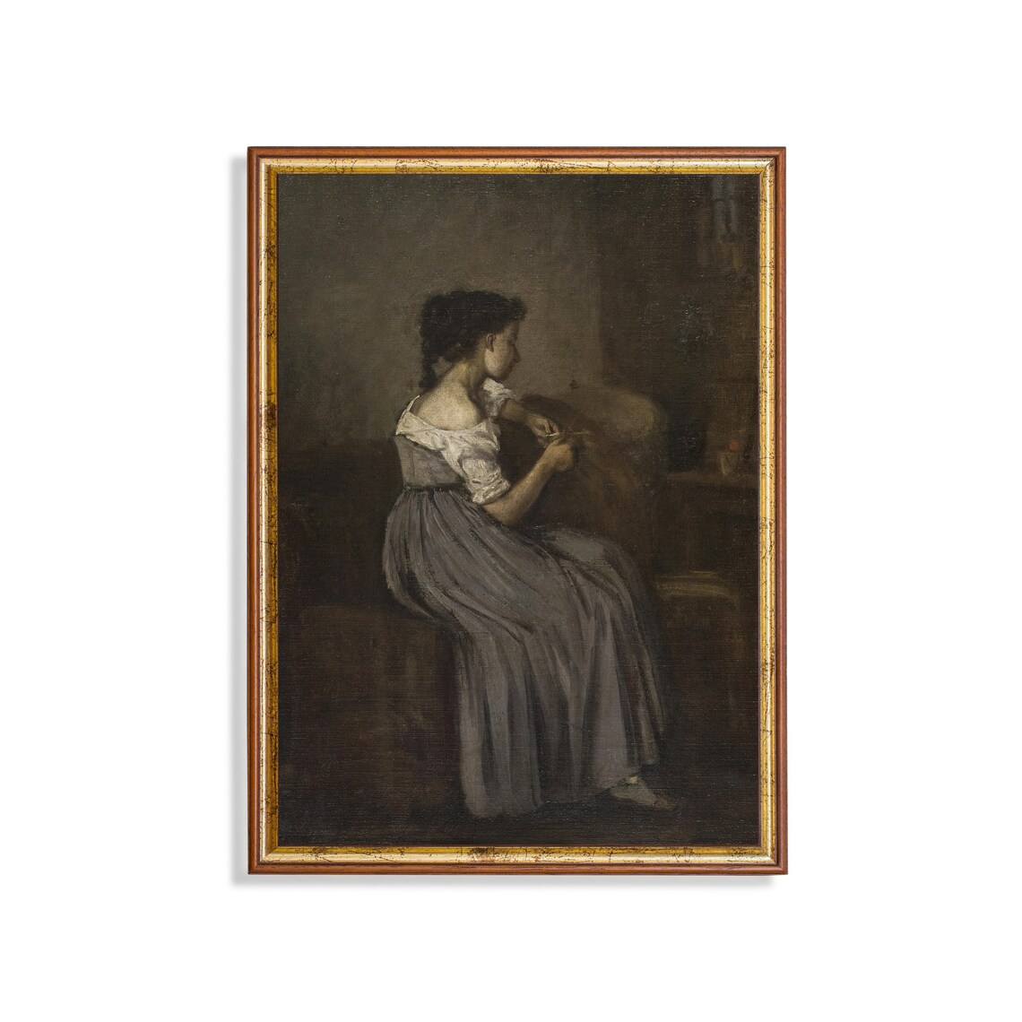 Young Woman Sewing in a Dark Interior Antique Genre Portrait Poster