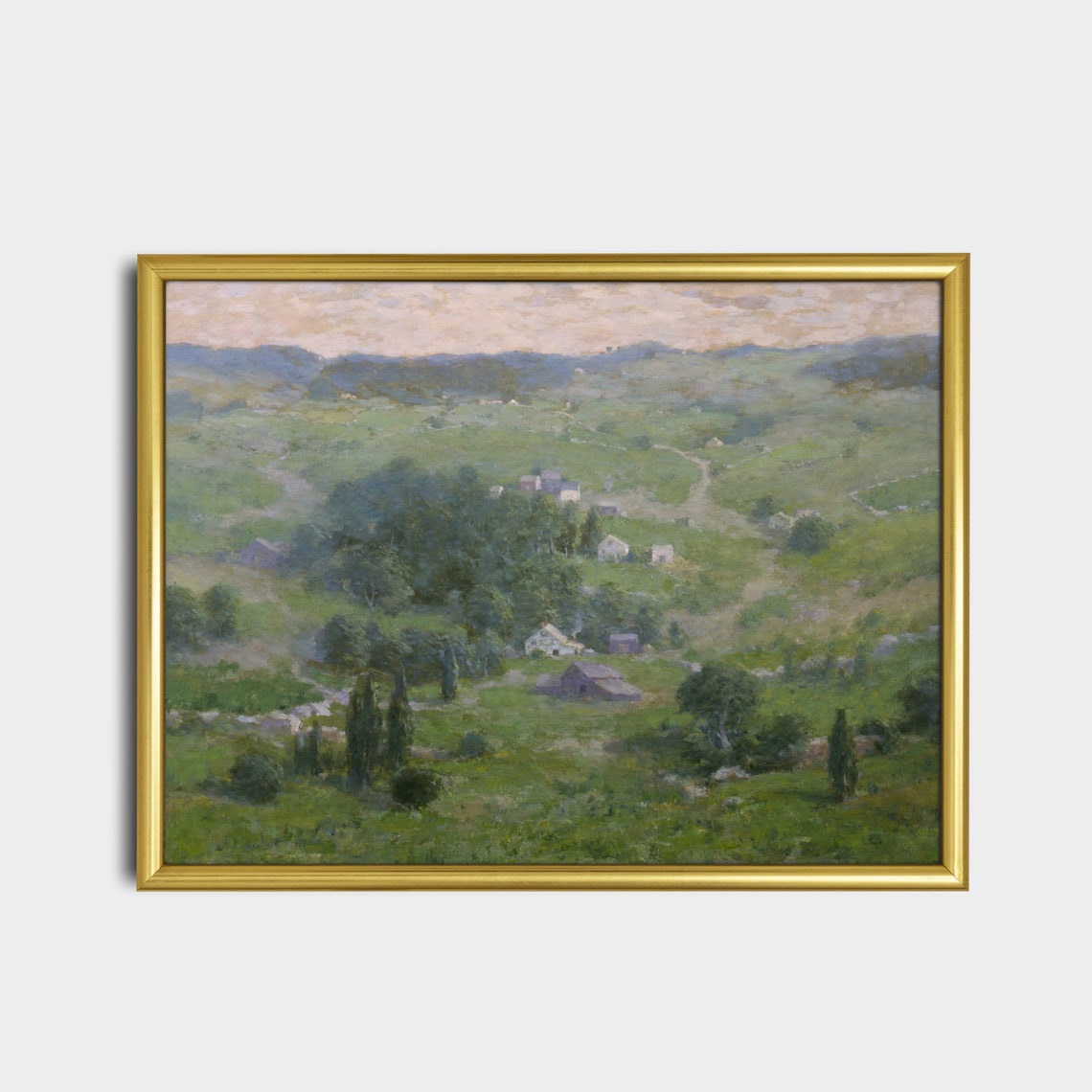 Impressionist Green Valley with Farmhouses Summer Landscape Print - Image 2