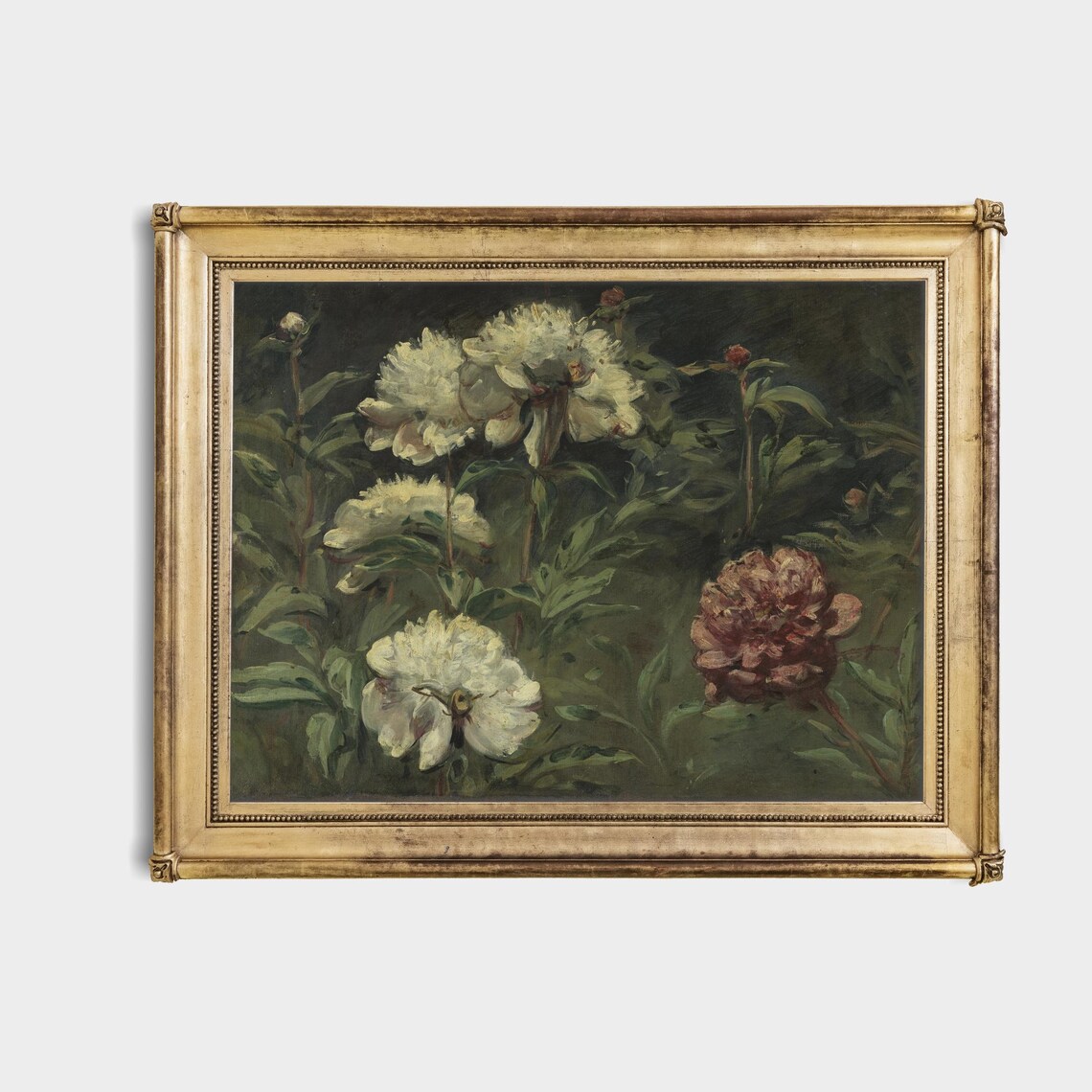 White and Red Peonies Garden Moody Vintage Floral Art Poster - Image 4