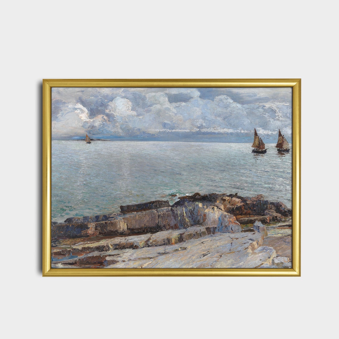 Rocky Coastline Seascape With Sailboats Under a Cloudy Sky Poster - Image 2