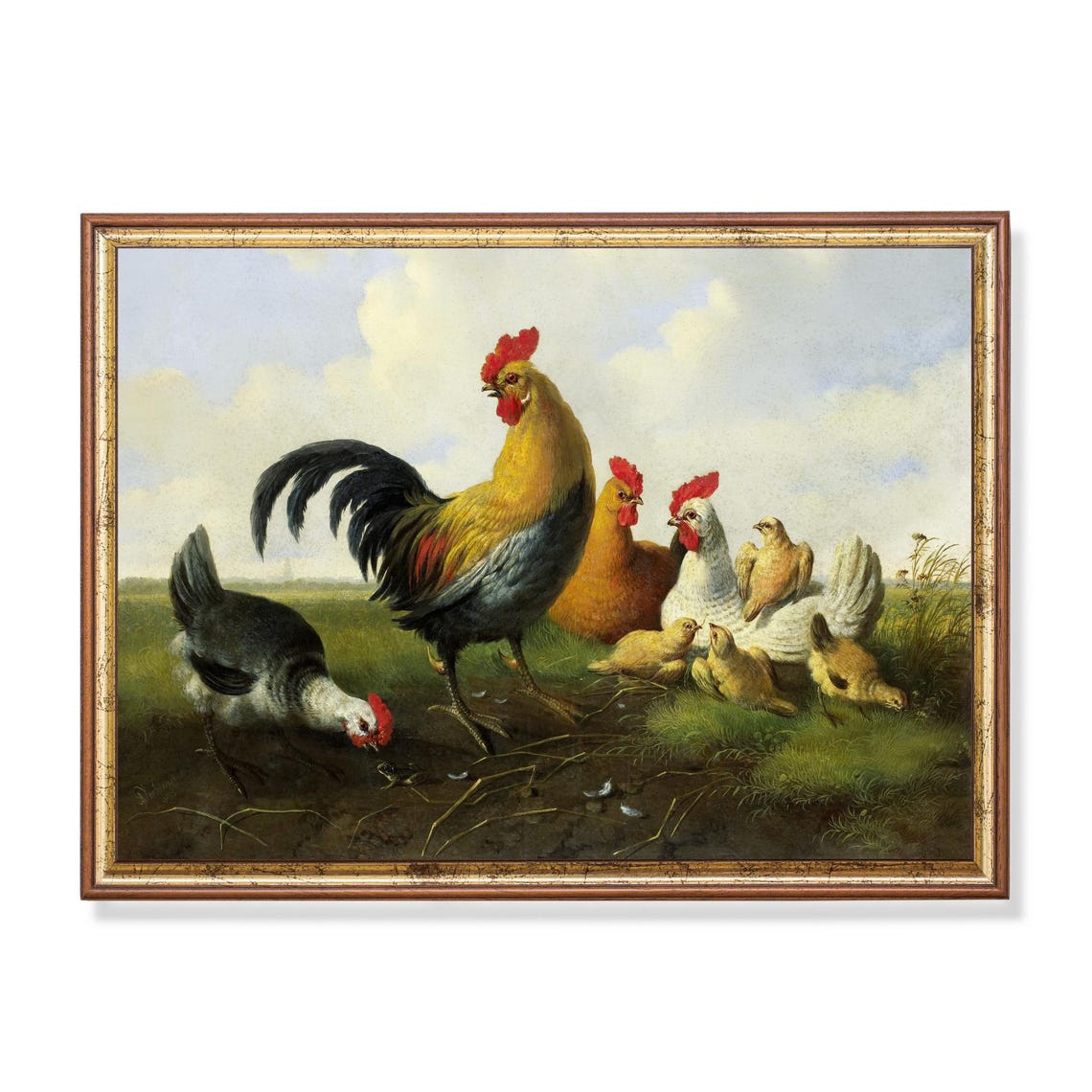 Rooster with Hens and Chicks Farmyard Vintage Poultry Poster