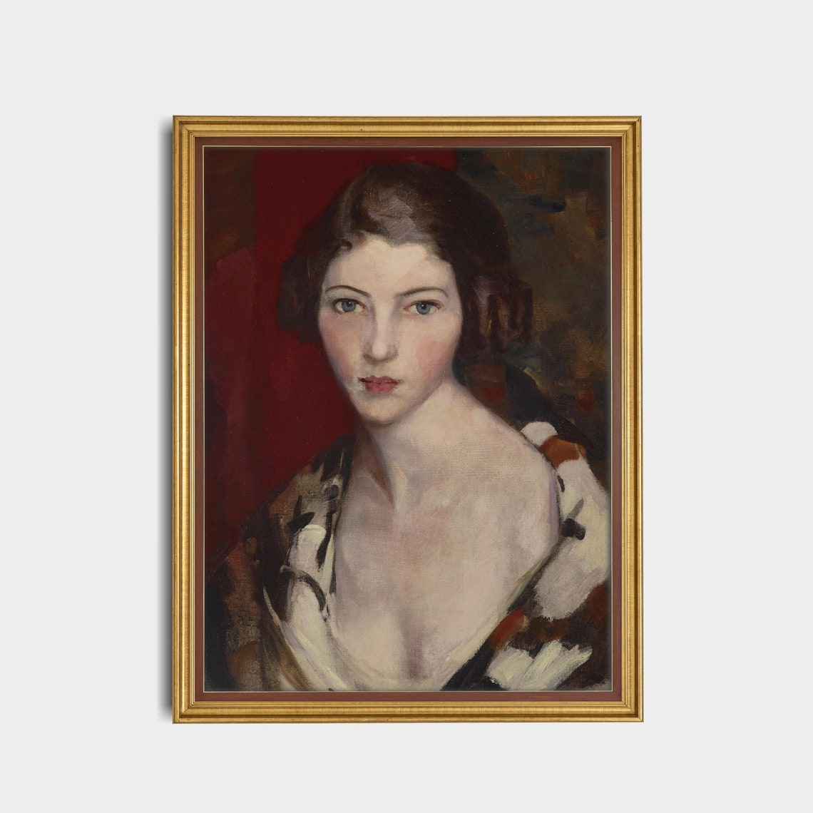 Vintage Young Woman Portrait Patterned Shawl Red Background Wall Art - Image 5