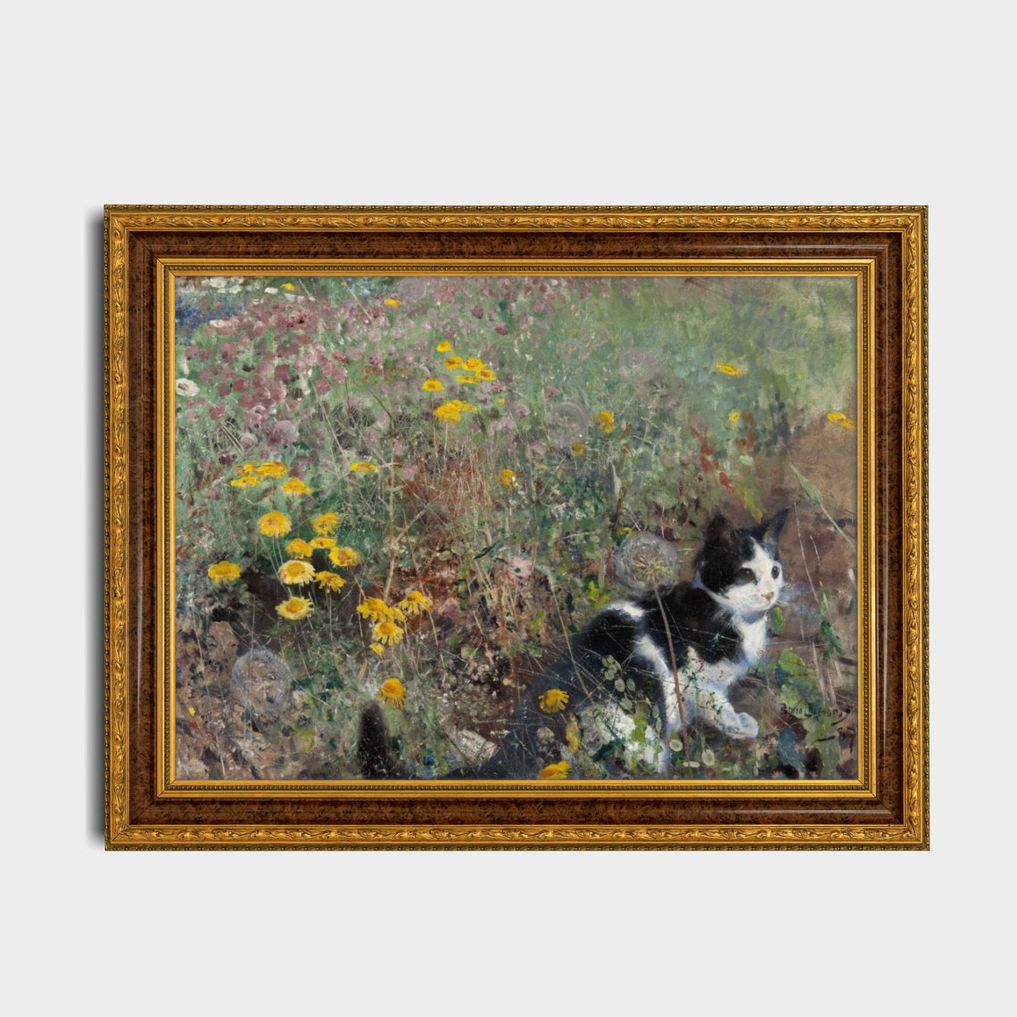 Black and White Cat in Wildflower Meadow Vintage Animal Paint Poster - Image 2